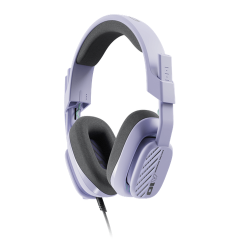 A render of the Astro A10 Wired Gaming Headset on a transparent background. The headset is lilac-colored and viewed from the side.