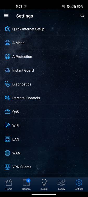 Asus Router app settings tab