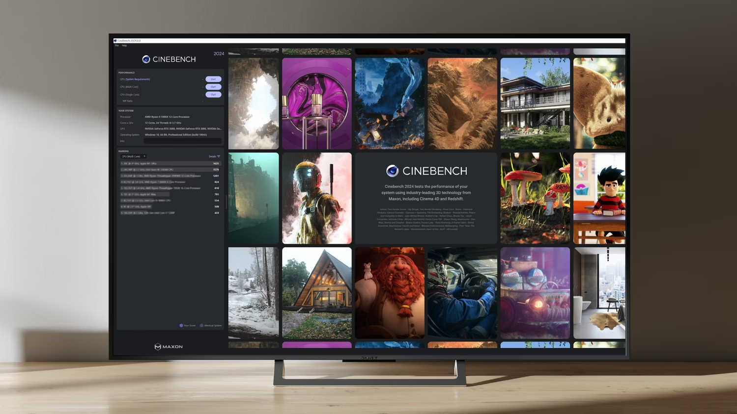 An image showing a monitor display Cinebench 2024 benchmark.
