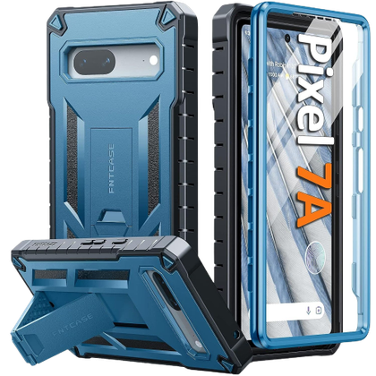 FNTCASE for Pixel 7a seen with the dedicated kickstand and the front screen protector frame
