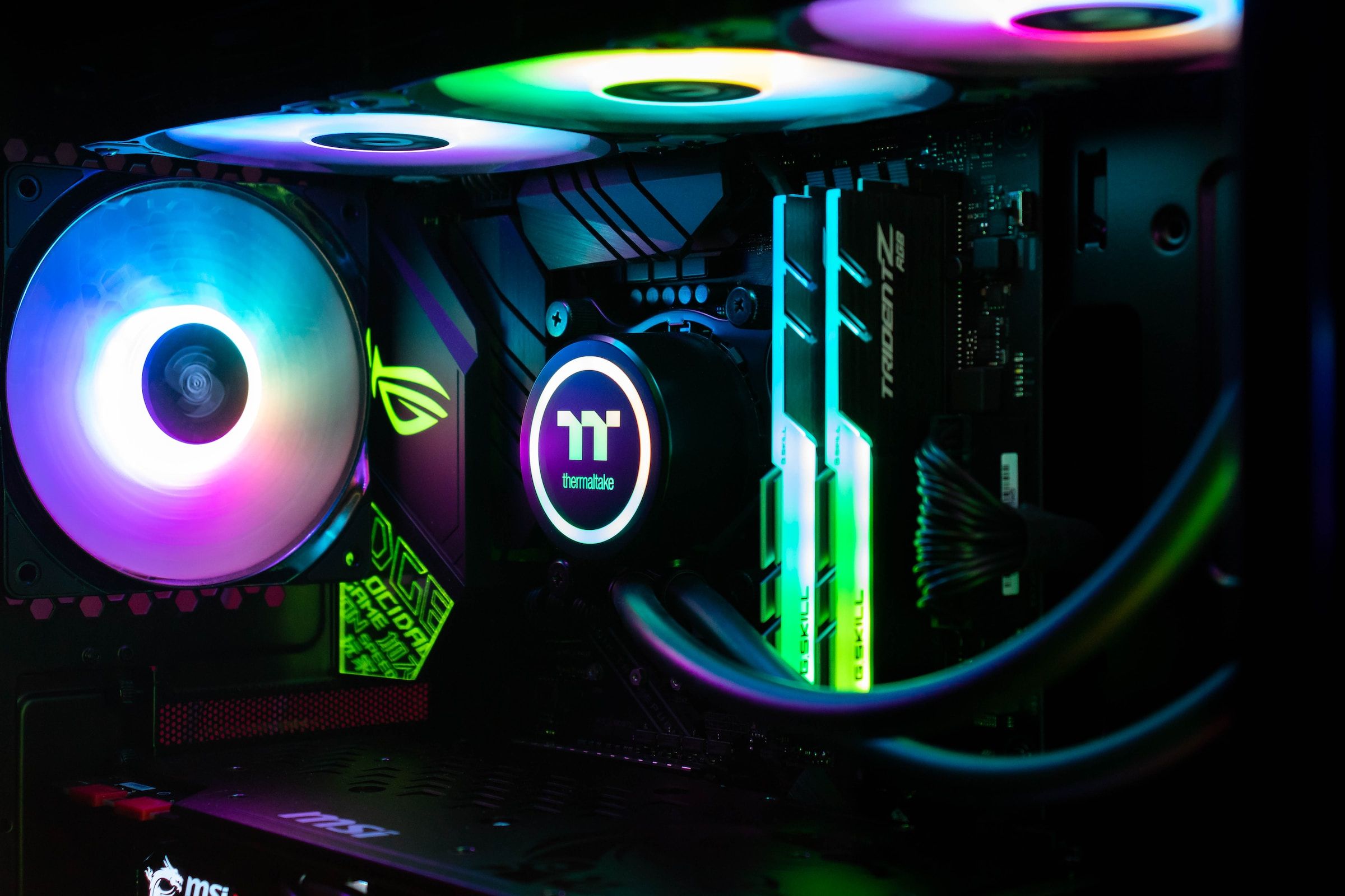 Gaming PC internals with RGB fans and components