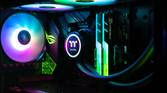 Gaming PC internals with RGB fans and components