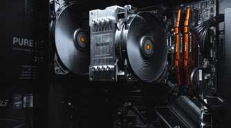 Gaming PC internals showing motherboard, CPU cooler, and RAM