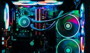 Gaming PC internals showing various components in different lighting