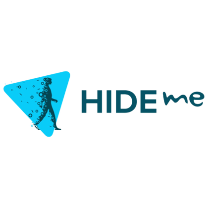 Hide.me logo featuring the silhouette against a blue triangle and the company name