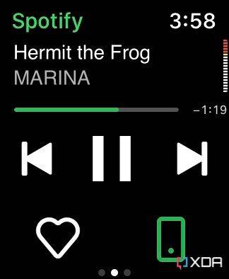 Spotify now playing screen on watchOS.