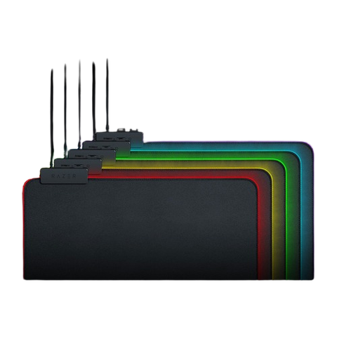 Razer Goliathus Extended Chroma Gaming Mousepad render in different colors along with USB wire