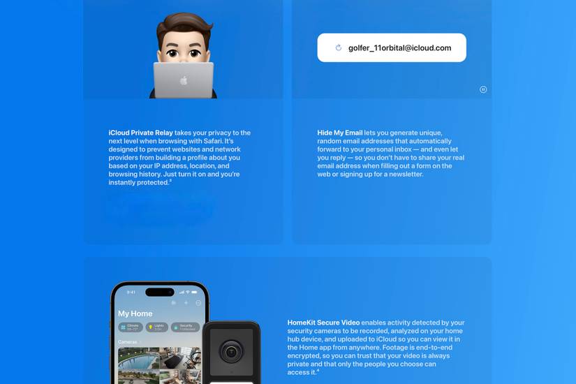 Descriptions of iCloud private relay, hide my email and homekit secure video