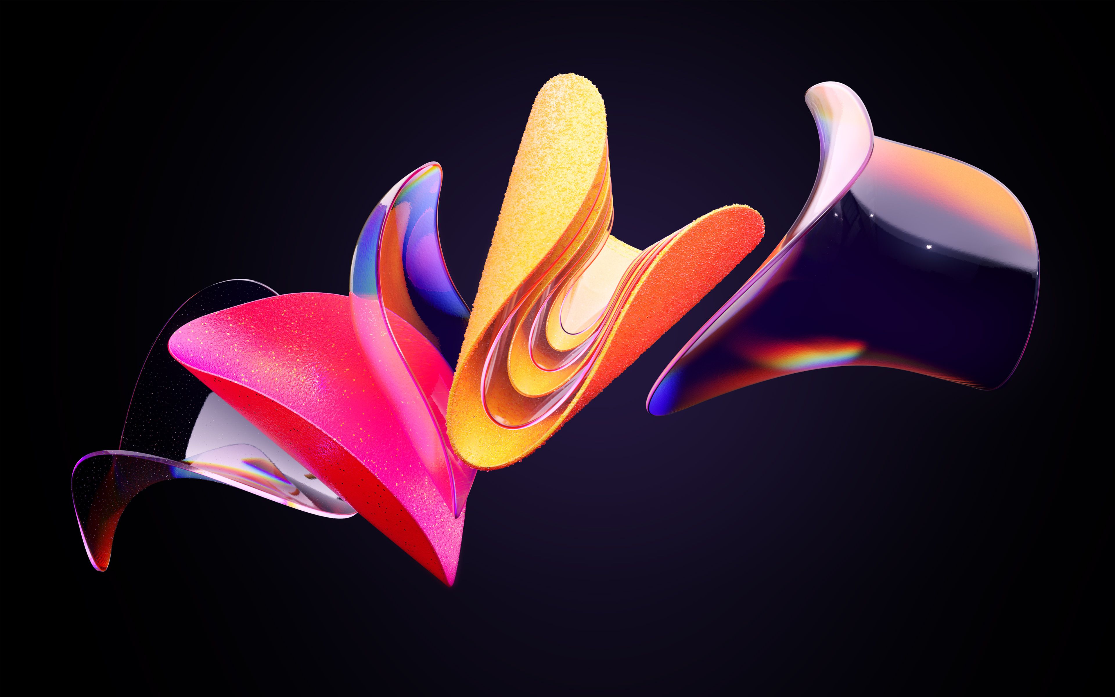 Floating slice-like patterns with different colors and shapes on a black backkground