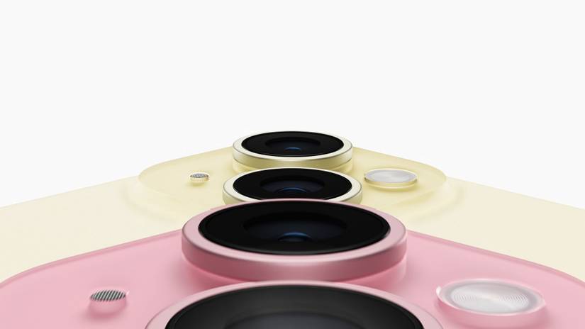 A yellow and pink iPhone 15 showing a close-up of their camera setups.