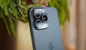 iPhone 15 Pro Max in black titanium leaning against some plants