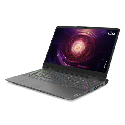 Angled front view of the Lenovo LOQ 15 with the lid open at 110 degrees