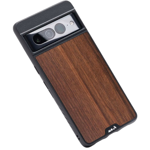 A render of the Mous Limitless 5.0 case with a wooden back finish installed on a Pixel 7 Pro.