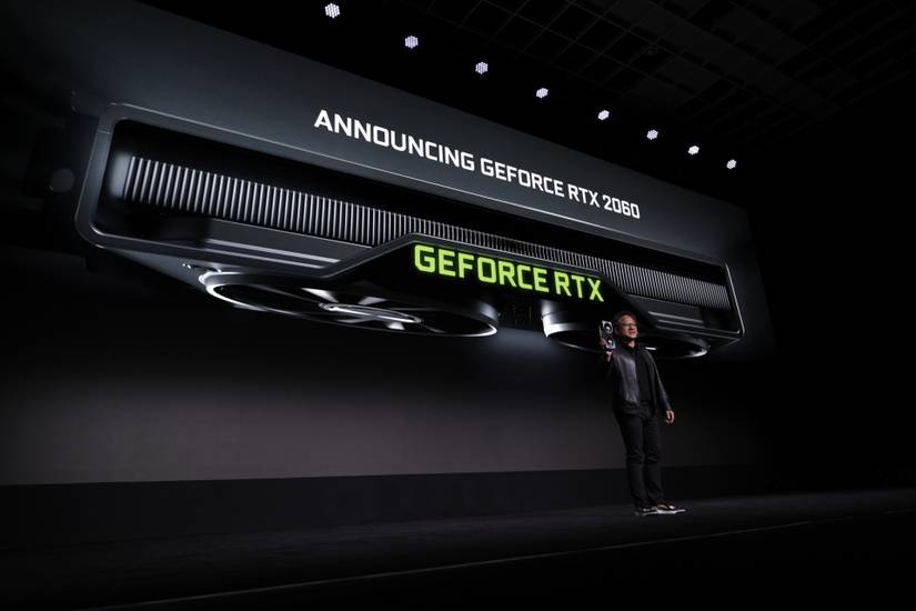 Nvidia CEO Jensen Huang announcing the desktop RTX 2060 GPU