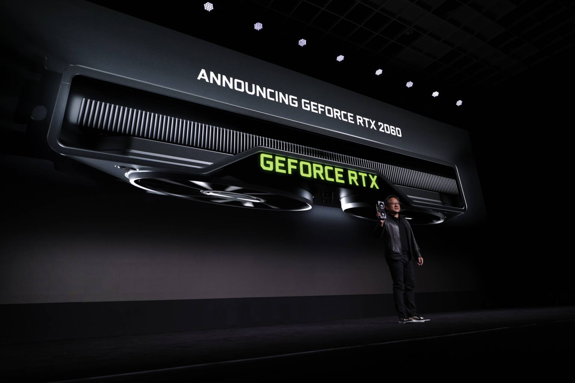 Nvidia CEO Jensen Huang announcing the desktop RTX 2060 GPU