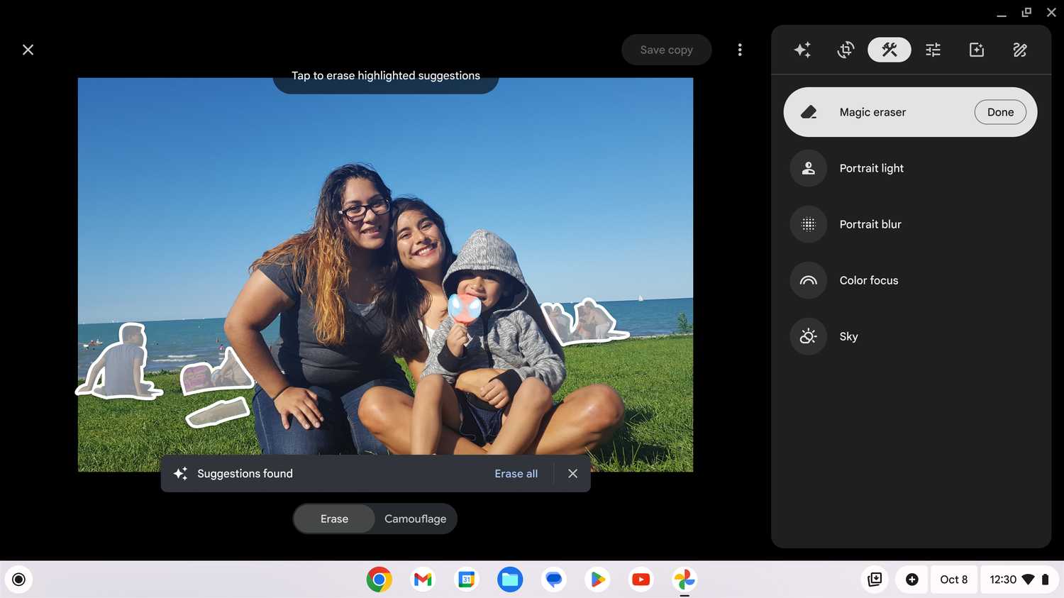 The Magic Eraser on a Chromebook Plus model in Google Photos