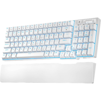 White Royal Kludge Rk96 RGB mechanical keyboard with wristrest