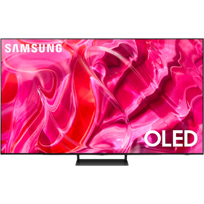 A render showing the Samsung S90C OLED TV displaying an abstract wallpaper.