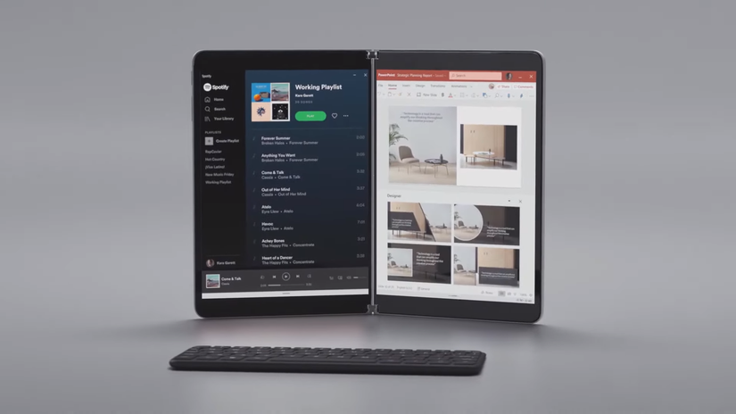 A Surface Neo with its Bluetooth keyboard in front of it