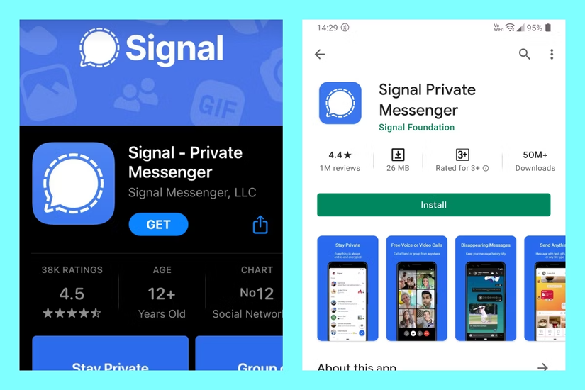 Signal on the Apple app store and the Google Play Store