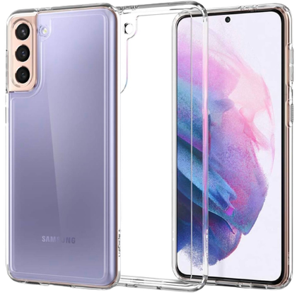 A render showing the Spigen Ultra Hybrid case next to the Galaxy S21 in Lavander color.