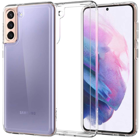 A render showing the Spigen Ultra Hybrid case next to the Galaxy S21 in Lavander color.