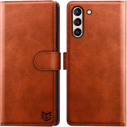 A render showing the SUANPOT wallet case installed on a Galaxy S21.