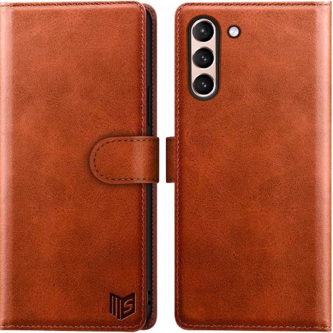 A render showing the SUANPOT wallet case installed on a Galaxy S21.