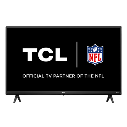 A render showing the TCL Class S3 TV displaying the NFL brand partnership message.