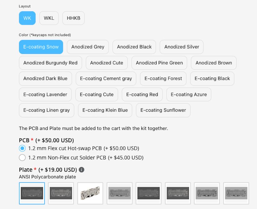 A screenshot showing all the customization options while buying the TOFU60 kit.