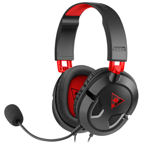 A render of the Turtle Beach Recon 50 gaming headset in red and black on a transparent background.