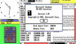 Screenshot of Windows 1.0 displaying apps like Clock, Reversi, MS-DOS Executive, and Write