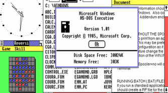 Screenshot of Windows 1.0 displaying apps like Clock, Reversi, MS-DOS Executive, and Write