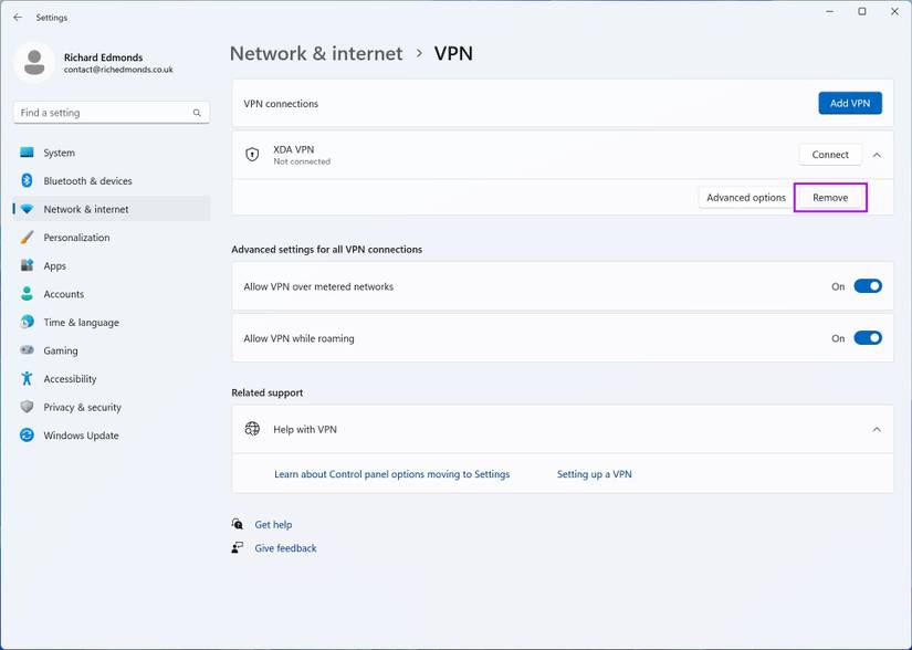 Removing a VPN in Windows 11