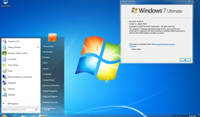 Screenshot of Windows 7 displaying the About Windows window and the Start menu