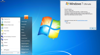 Screenshot of Windows 7 displaying the About Windows window and the Start menu