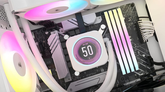 Corsair iCUE H150i Elite LCD XT Liquid CPU Cooler in a PC glowing with RGB lighting