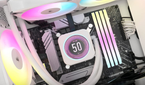 Corsair iCUE H150i Elite LCD XT Liquid CPU Cooler in a PC glowing with RGB lighting