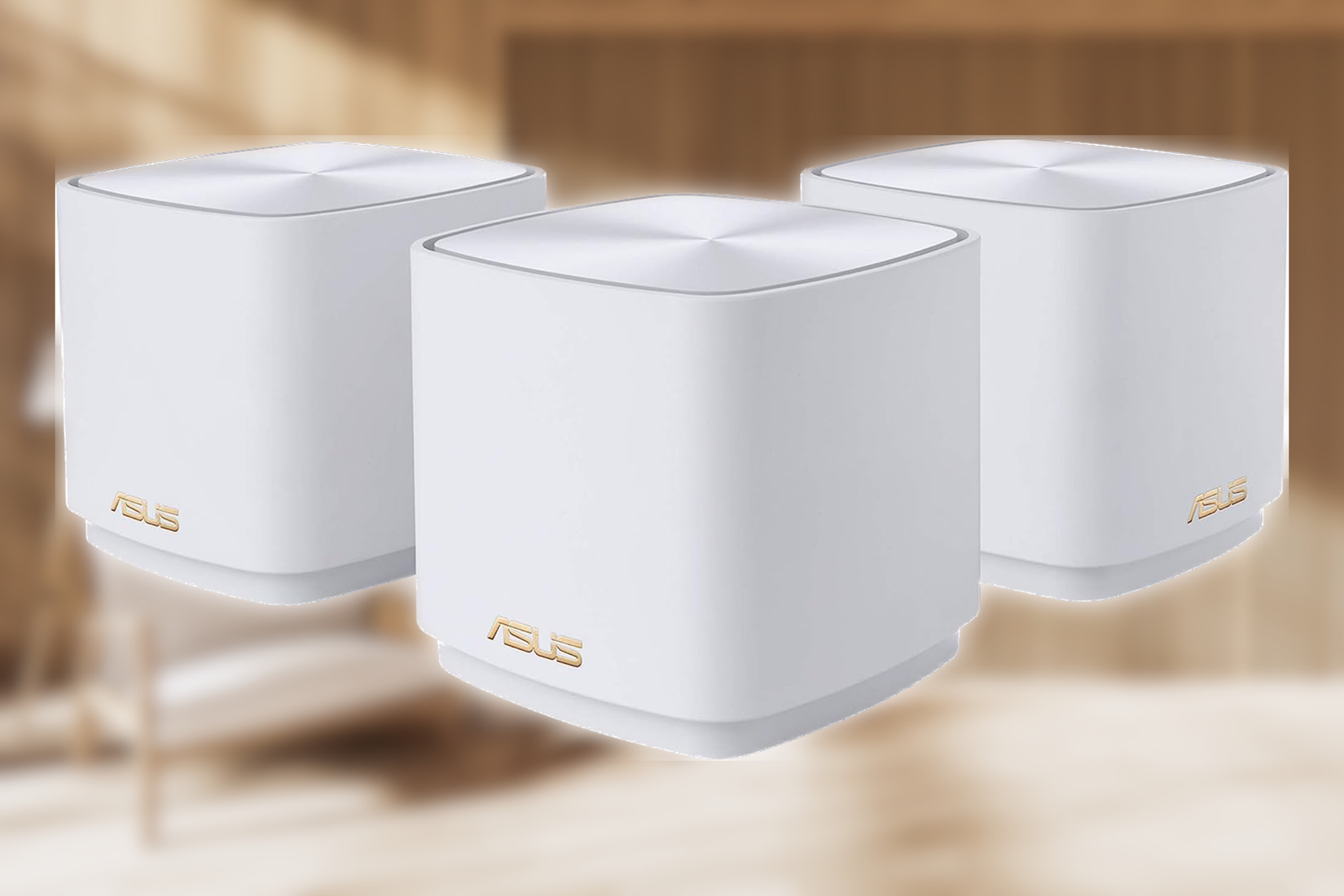 ASUS ZenWiFi AX Mini,Mesh WiFi 6 System in front of living room image blurred