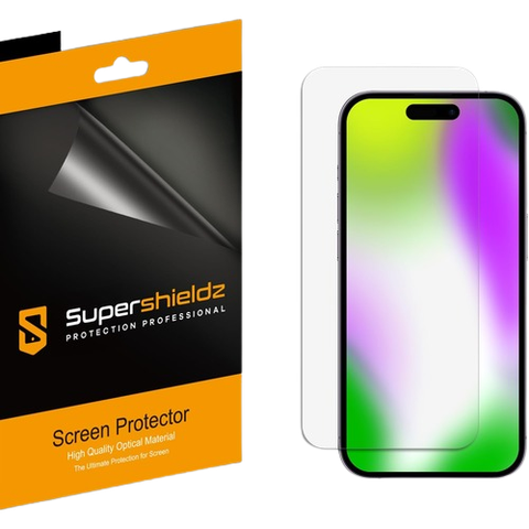 Supershieldz Clear Shield Screen Protector for iPhone 15 render along with packaging