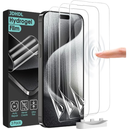 JDHDL Hydrogel Film Screen Protector for iPhone 15 3 pack render along with box 