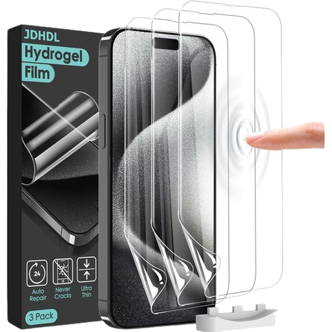 JDHDL Hydrogel Film Screen Protector for iPhone 15 3 pack render along with box 