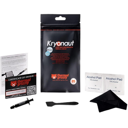 Thermal Grizzly Kryonaut CPU thermal paste official packaging along with alcohal pads, thermal paste applicator and a cleaning cloth