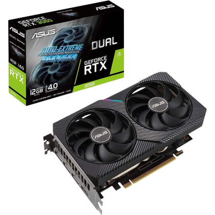 A render showing the Asus Dual RTX 4060 V2 OC GPU next to its retail box.