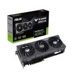 A render showing the Asus TUF Gaming RTX 4060 Ti OC in black color next to its retail packaging.