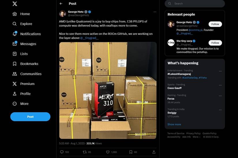 Twitter screenshot showing George Holtz's tweet buying AMD gaming GPUs