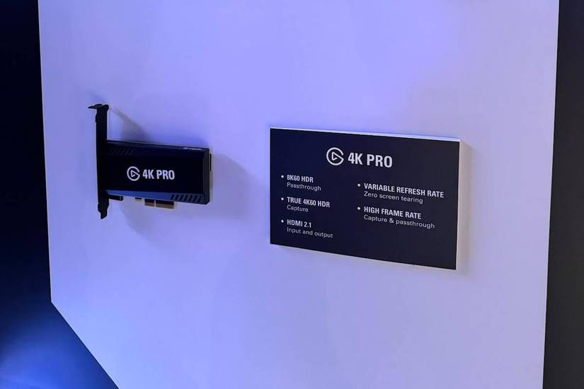 Elgato capture card 4K Pro mounted on a wall next to a board listing its key specifications