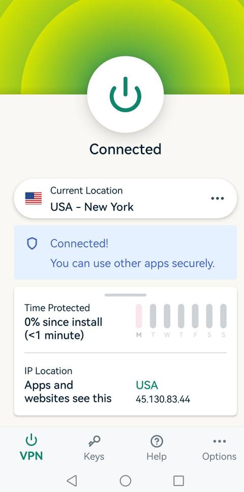 Connected to USA on ExpressVPN Android