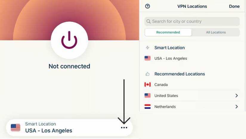 Choose ExpressVPN locations on iPhone