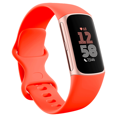 Fitbit Charge 6 in gold and coral with transparent background, 1:1 aspect ratio 